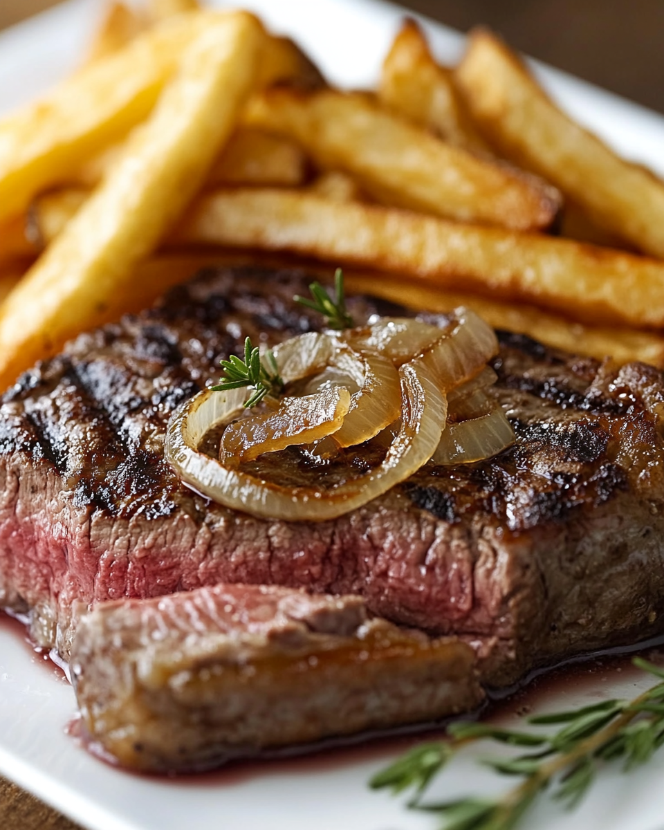 Ribeye Steak med Karamelliserad Lök och Pommes Frites – en smakupplevelse!